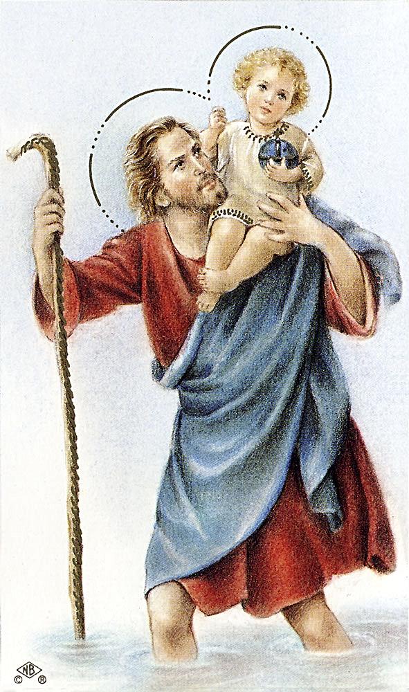 São Cristóvão carregando o Menino Jesus nos ombros enquanto atravessa um rio com um cajado na mão.