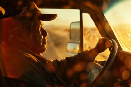 Caminhoneiro dirige seu caminhão ao pôr do sol, em referência à campanha Setembro Amarelo sobre saúde mental nas estradas.