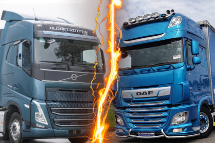 Montagem com Volvo FH 540 à esquerda e DAF XF 530 à direita, separados por efeito gráfico de raio, representando a rivalidade no mercado de caminhões pesados.