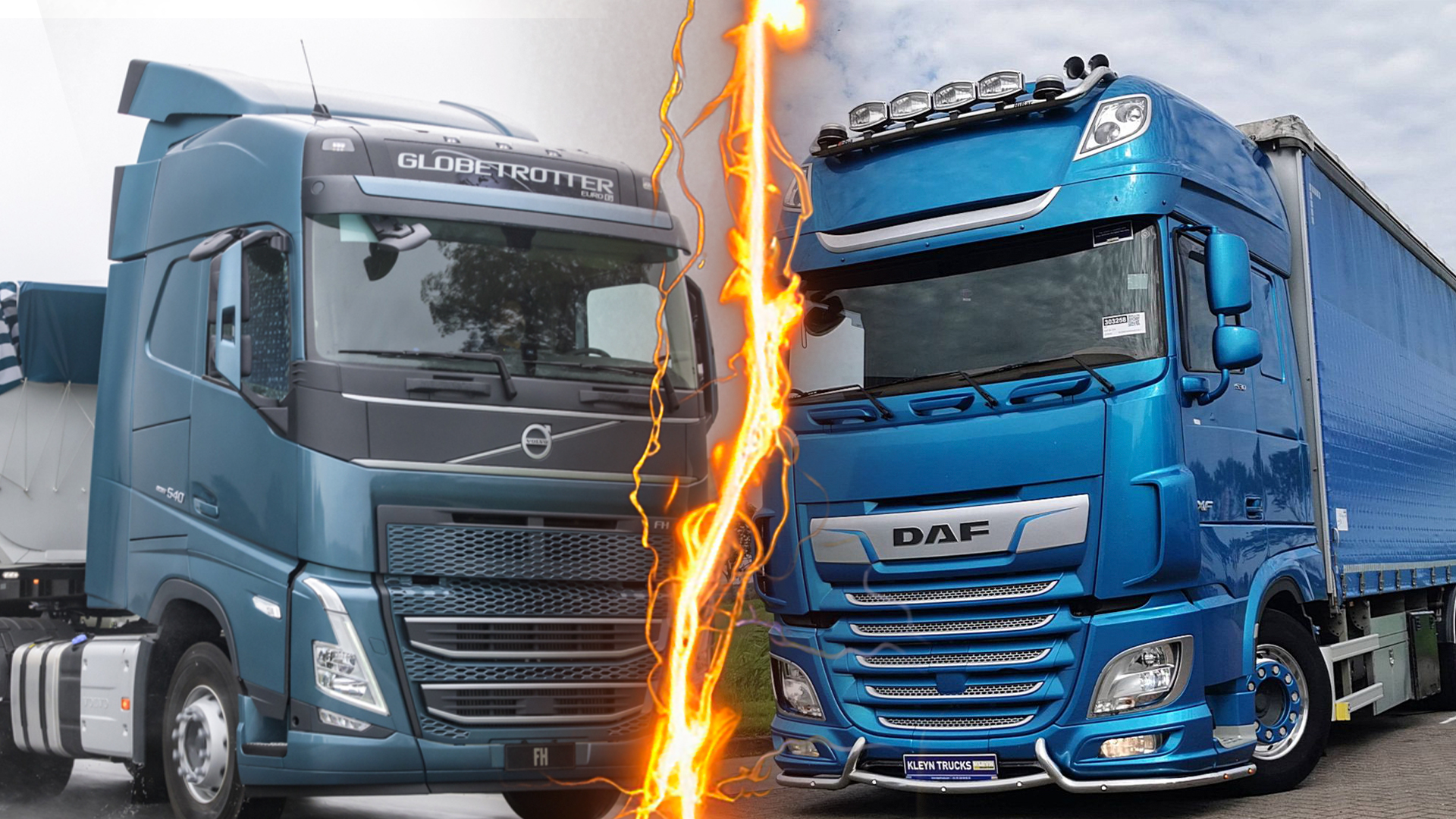 Montagem com Volvo FH 540 à esquerda e DAF XF 530 à direita, separados por efeito gráfico de raio, representando a rivalidade no mercado de caminhões pesados.