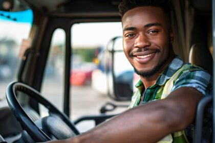 Caminhoneiro sorridente sentado ao volante, simbolizando saúde, bem-estar e segurança na estrada.