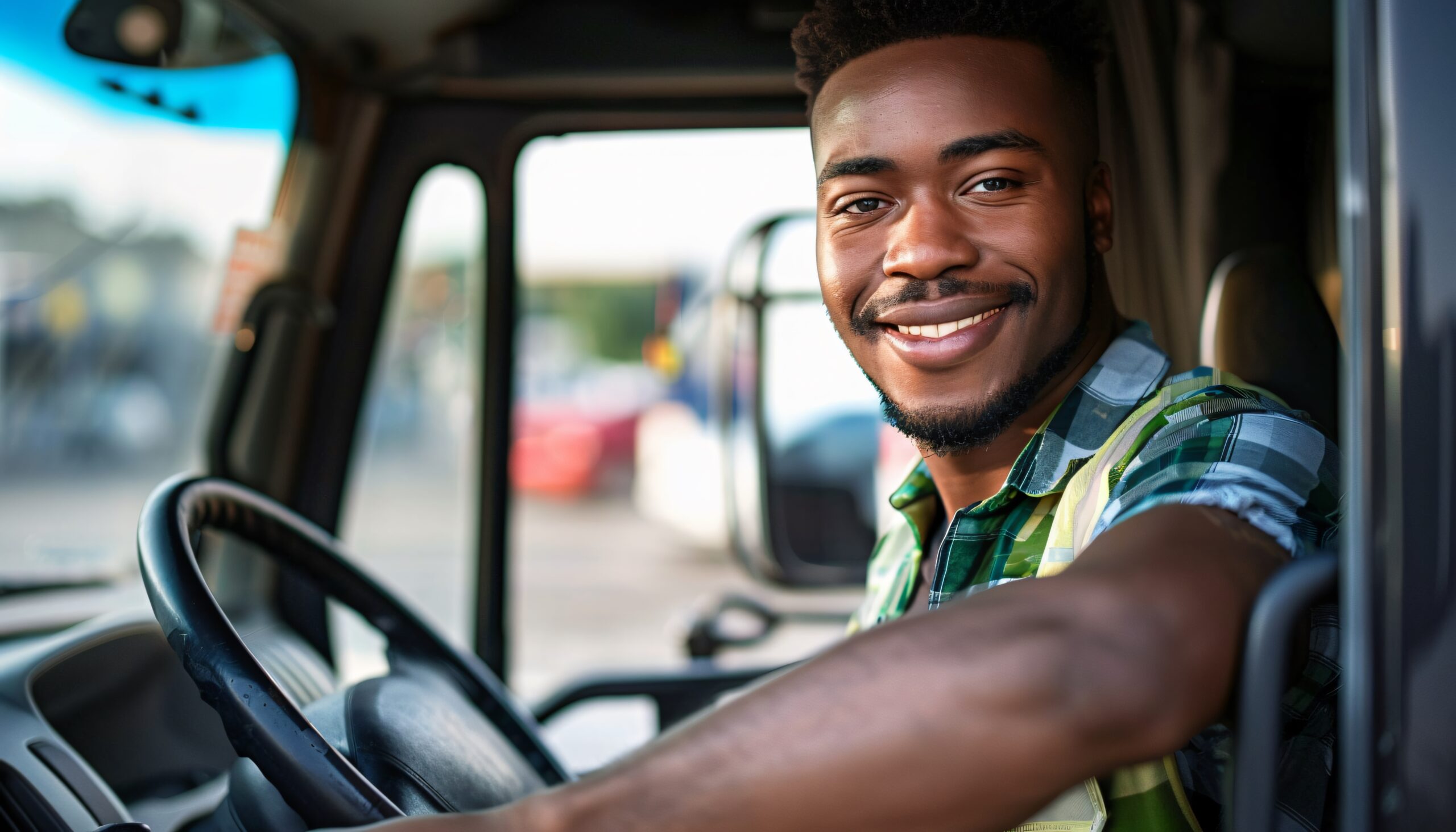 Caminhoneiro sorridente sentado ao volante, simbolizando saúde, bem-estar e segurança na estrada.