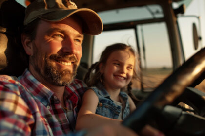 Caminhoneiro sorrindo com filha pequena no colo dentro da cabine do caminhão, ao entardecer