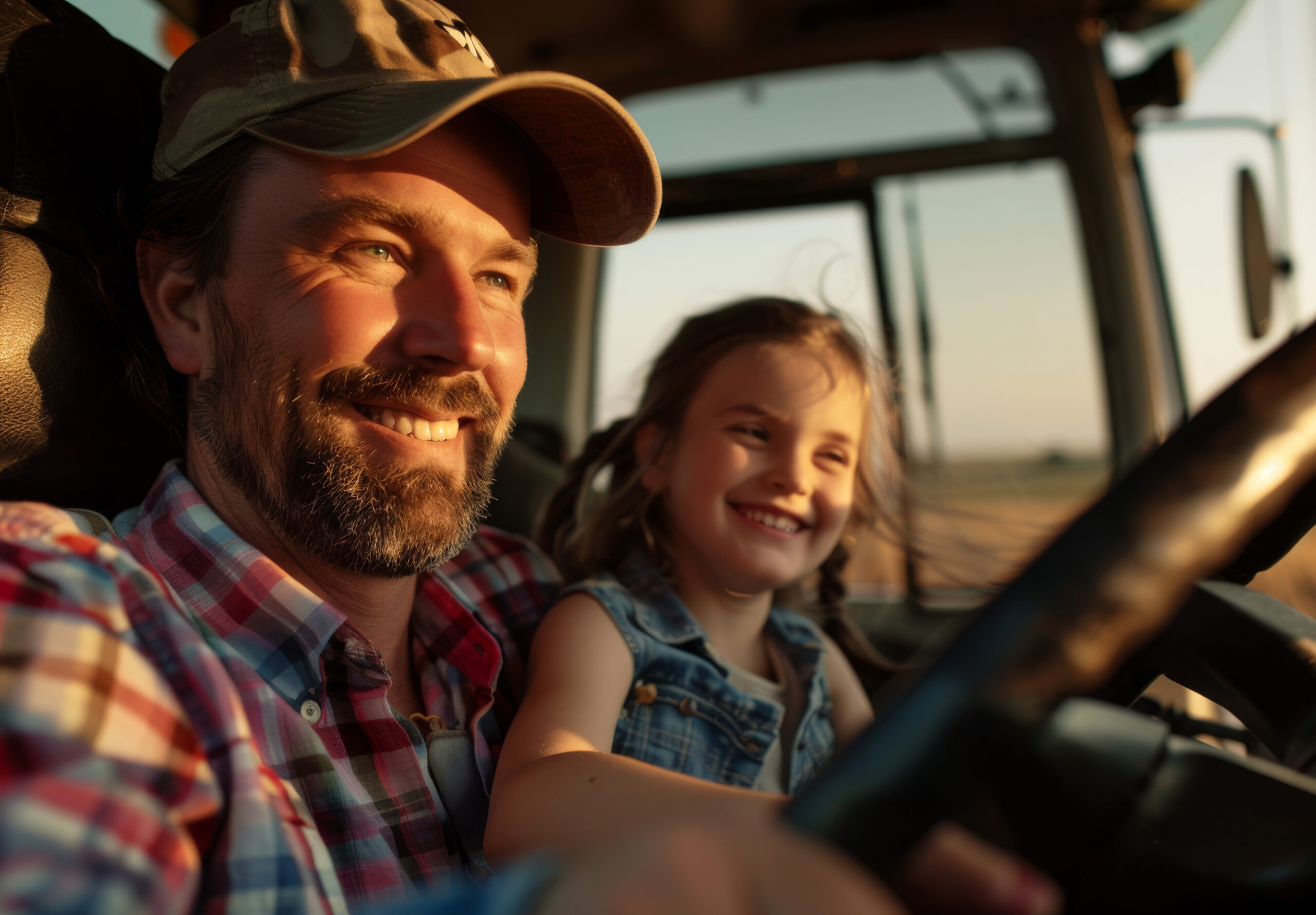 Caminhoneiro sorrindo com filha pequena no colo dentro da cabine do caminhão, ao entardecer