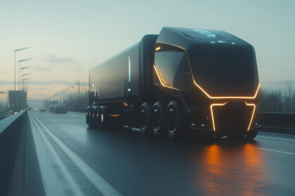 Caminhão futurista com iluminação de LED circula em estrada, simbolizando inovação e o futuro do transporte rodoviário de cargas.