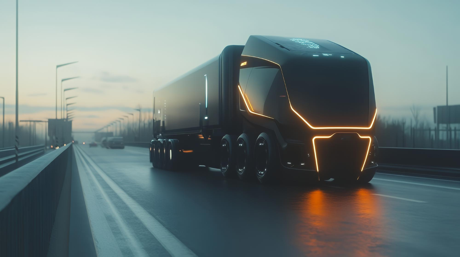 Caminhão futurista com iluminação de LED circula em estrada, simbolizando inovação e o futuro do transporte rodoviário de cargas.