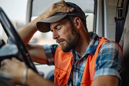 Caminhoneiro com expressão de cansaço e preocupação dentro da cabine, ilustrando notícia sobre saúde mental e sinais de alerta na estrada.