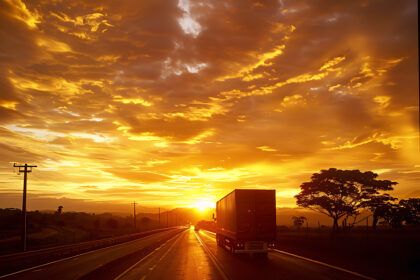 Caminhão em estrada ao pôr do sol, representando as redes de apoio aos caminhoneiros no Setembro Amarelo.