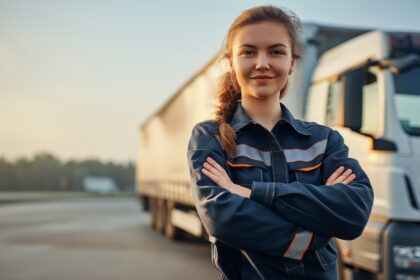 Mulher caminhoneira sorrindo com os braços cruzados em frente ao caminhão, simbolizando a força feminina e a importância do Outubro Rosa nas estradas.