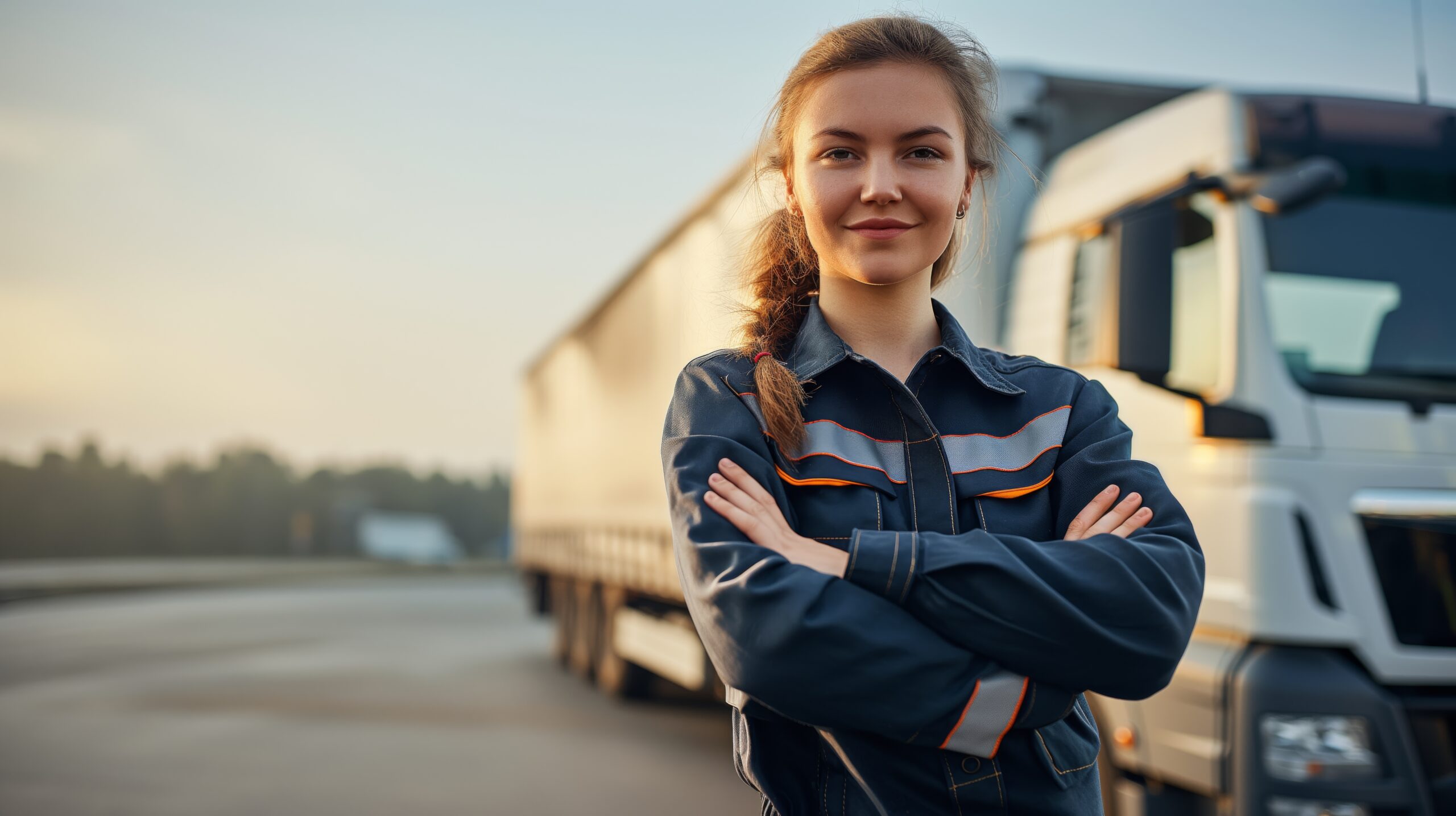 Mulher caminhoneira sorrindo com os braços cruzados em frente ao caminhão, simbolizando a força feminina e a importância do Outubro Rosa nas estradas.