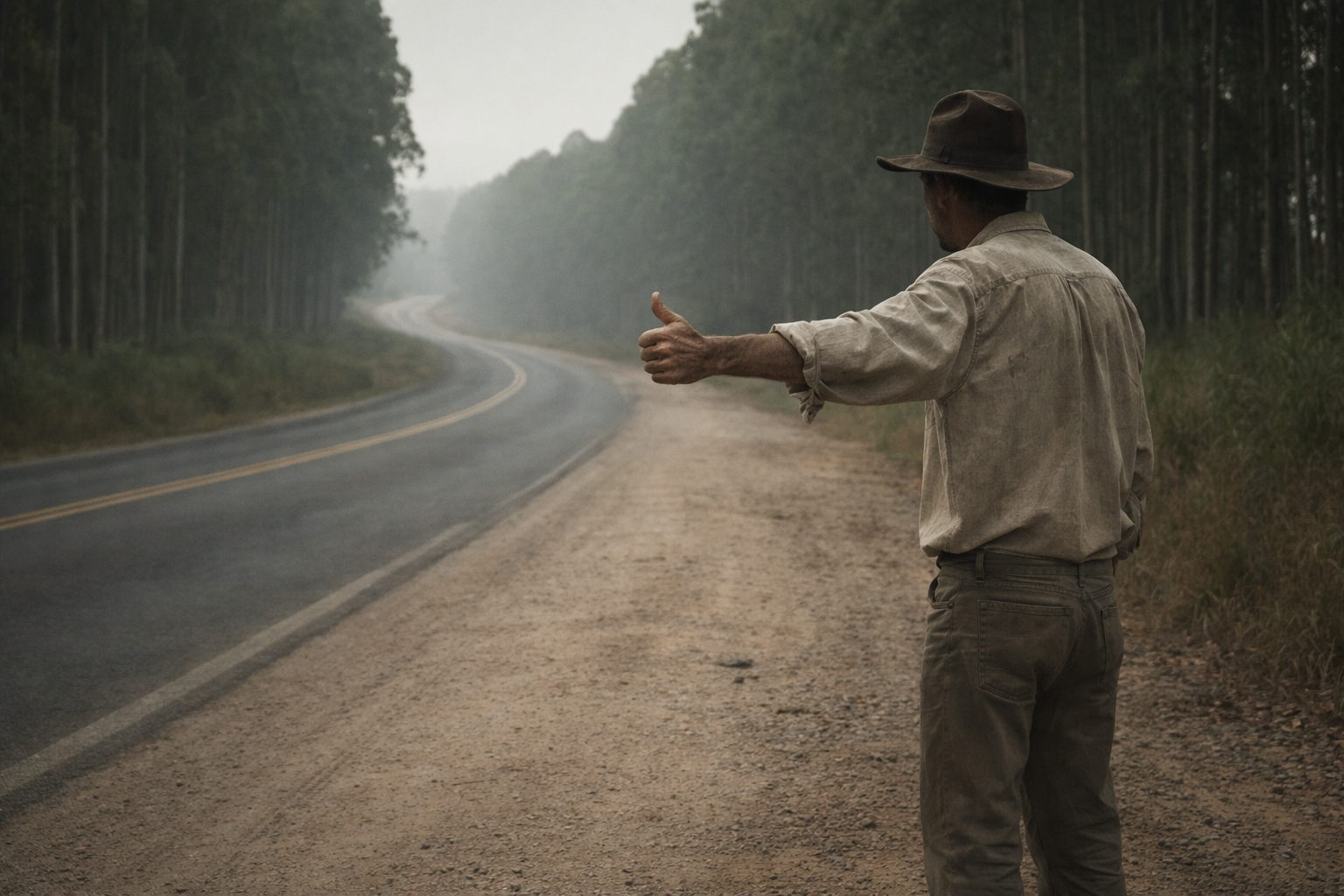 Homem solitário pede carona em estrada rural sinuosa, cercada por eucaliptos, com o polegar levantado e vestindo chapéu escuro.