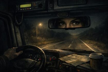 Interior de um caminhão à noite, com a estrada iluminada pelos faróis à frente; no retrovisor, aparecem os olhos atentos de uma mulher, que pode ser a motorista.
