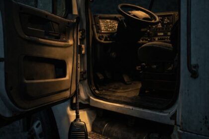 Interior da cabine de um caminhão à noite, com a porta aberta, volante visível, painel iluminado e um rádio comunicador pendurado ao lado do banco do motorista.