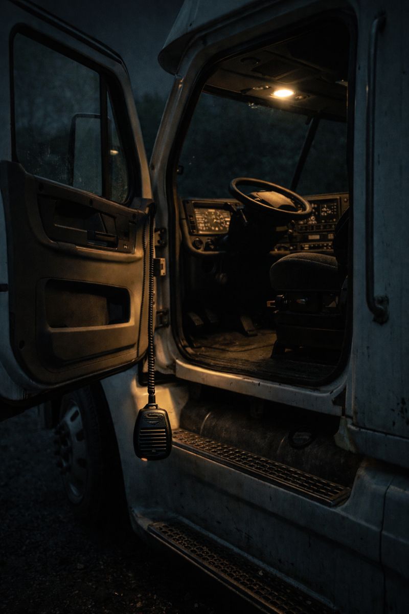 Interior da cabine de um caminhão à noite, com a porta aberta, volante visível, painel iluminado e um rádio comunicador pendurado ao lado do banco do motorista.