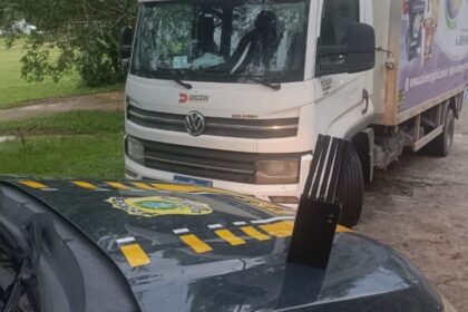 Caminhão estacionado sobre a via com dispositivo amarelo de redução de velocidade instalado no asfalto, próximo à roda traseira.