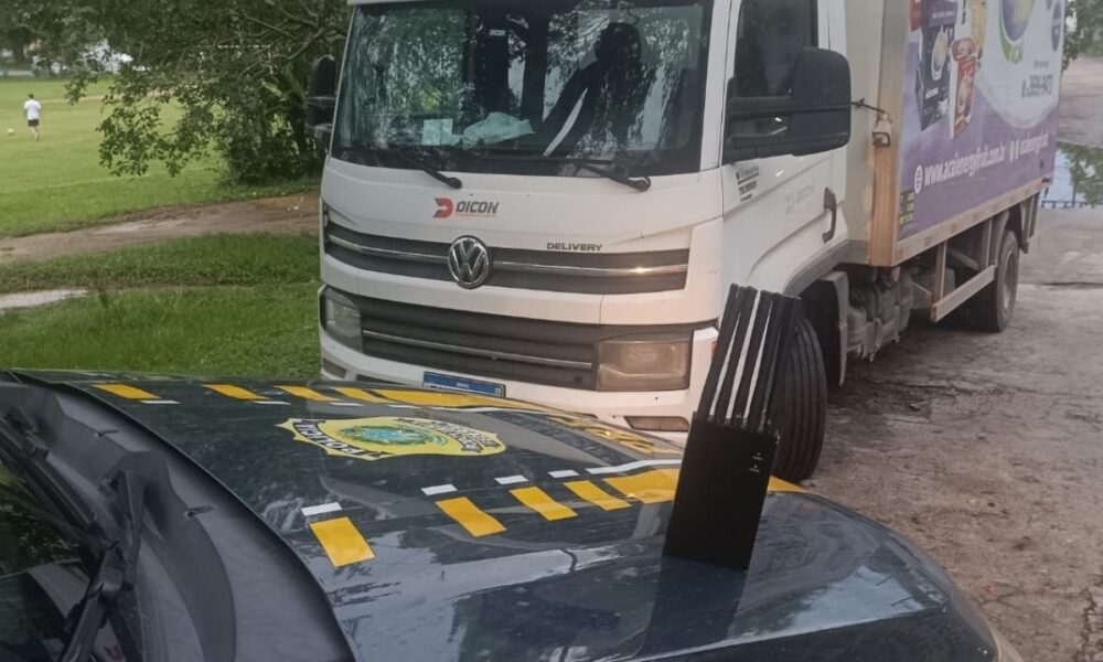 Caminhão estacionado sobre a via com dispositivo amarelo de redução de velocidade instalado no asfalto, próximo à roda traseira.