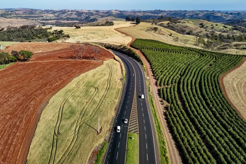 Vista aérea de estrada asfaltada atravessando áreas agrícolas com plantações em faixas verdes e solo avermelhado.