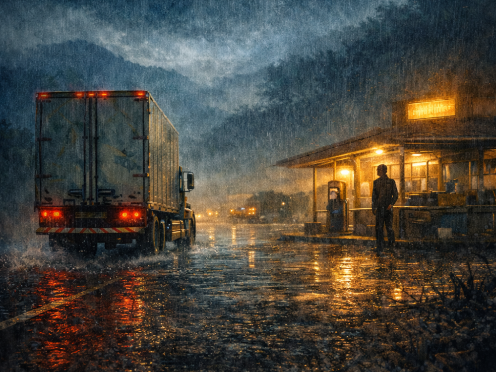 Caminhão parado em estrada sob chuva intensa à noite, ao lado de um pequeno posto iluminado, com um homem em pé sob a varanda.