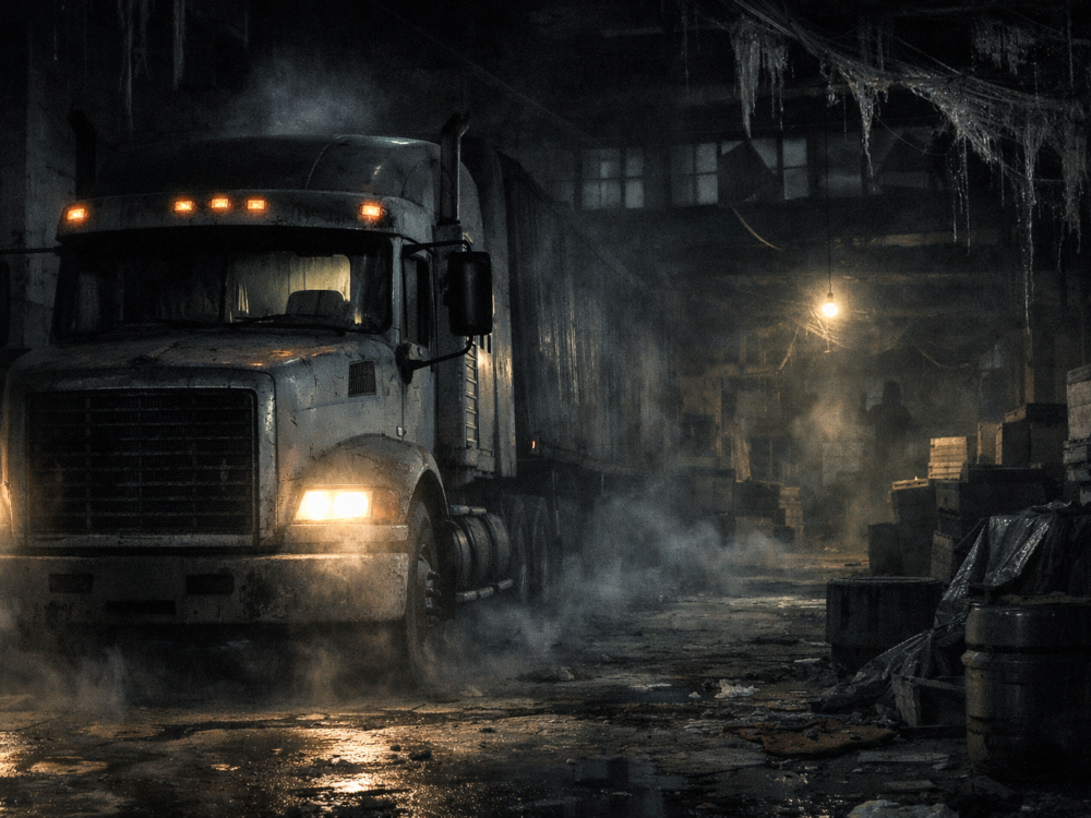 Caminhão em galpão escuro e abandonado, com faróis acesos, fumaça no chão e caixas empilhadas ao redor.