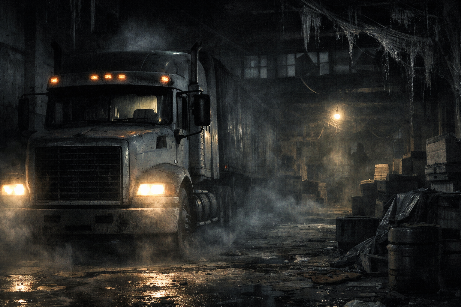 Caminhão em galpão escuro e abandonado, com faróis acesos, fumaça no chão e caixas empilhadas ao redor.