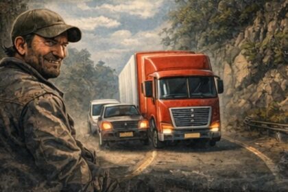 Ilustração de homem com boné sorrindo à beira de estrada enquanto caminhão vermelho e carro fazem curva em rodovia de serra.