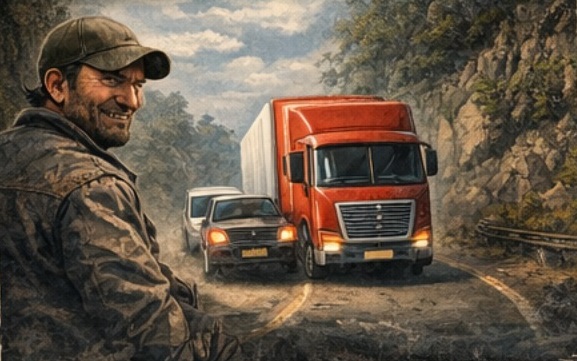 Ilustração de homem com boné sorrindo à beira de estrada enquanto caminhão vermelho e carro fazem curva em rodovia de serra.