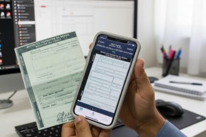 Pessoa segura celular com aplicativo aberto enquanto segura documento impresso diante de um computador.