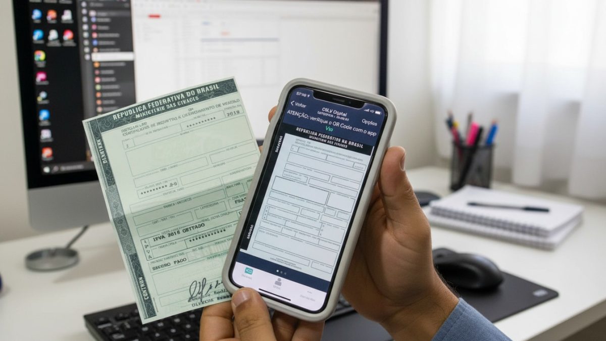 Pessoa segura celular com aplicativo aberto enquanto segura documento impresso diante de um computador.