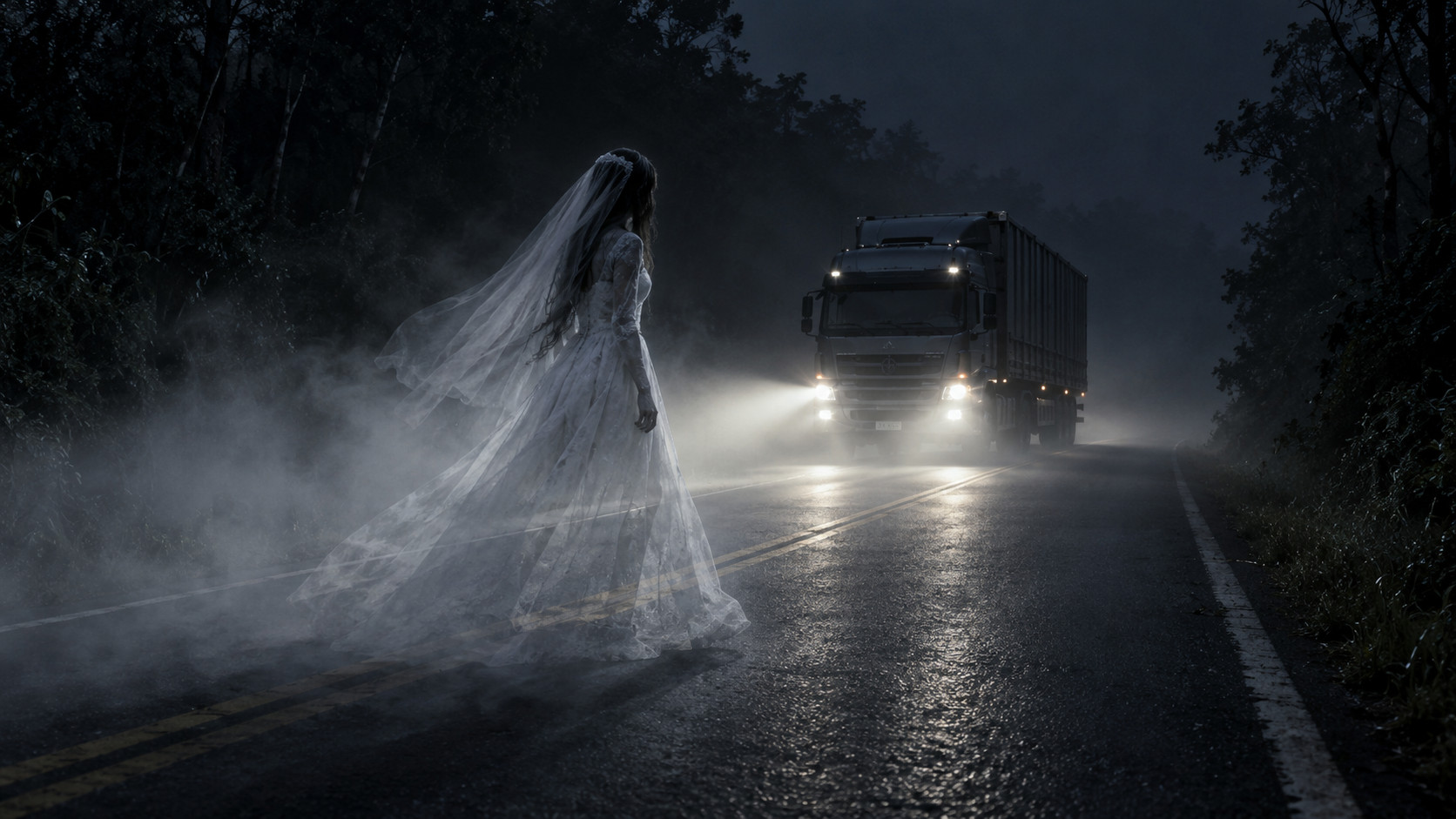 Ilustração de uma noiva translúcida atravessando uma rodovia à noite, com um caminhão ao fundo e neblina.