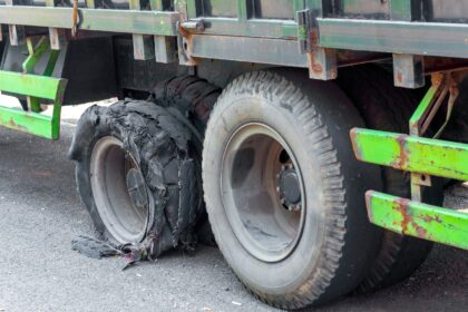 Pneu de caminhão com a borracha rasgada e fios expostos, ao lado de outra roda